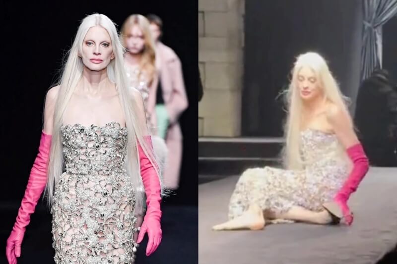 Kristen McMenamy ngã khi đang trình diễn