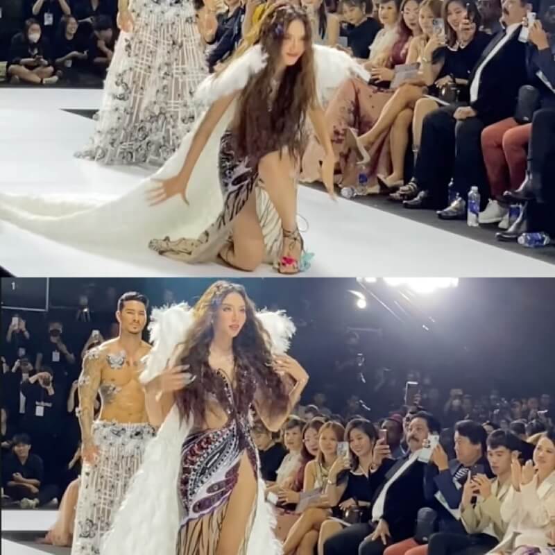 Hoa hậu Thùy Tiên bị ngã khi trình diễn